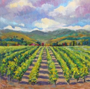 landscape oil painting of a California winery with rows of grapevines and colorful billowy clouds and mountains in the distance. somewhere in Santa Barbara