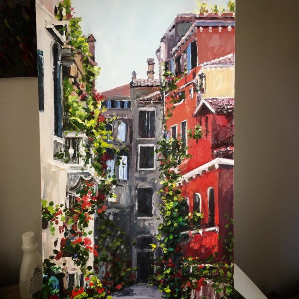 original oil painting of Italian street with colorful potted flowers and tall architecture. Impressionist from California