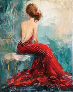 woman in red dress oil painting by J Beaudet